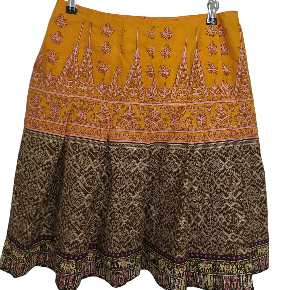 Tribal Womens Boho Yellow A-Line Pleated‎ Elephant Print Skirt Size 8 Folk Art